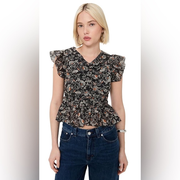 Rails Cali Cassia Floral Flutter Sleeve Peplum Top XS Black 100% Cotton - Picture 1 of 7